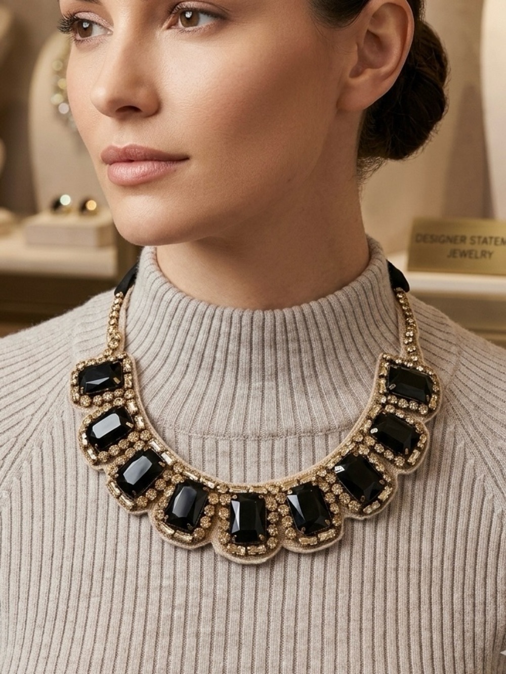 Weekend Max Mara Black and Gold Embellished Collar Necklace